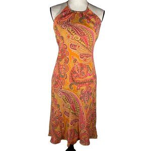 Ann Taylor Vintage Paisley silk chiffon Halter Midi Dress Orange Pink women’s 4